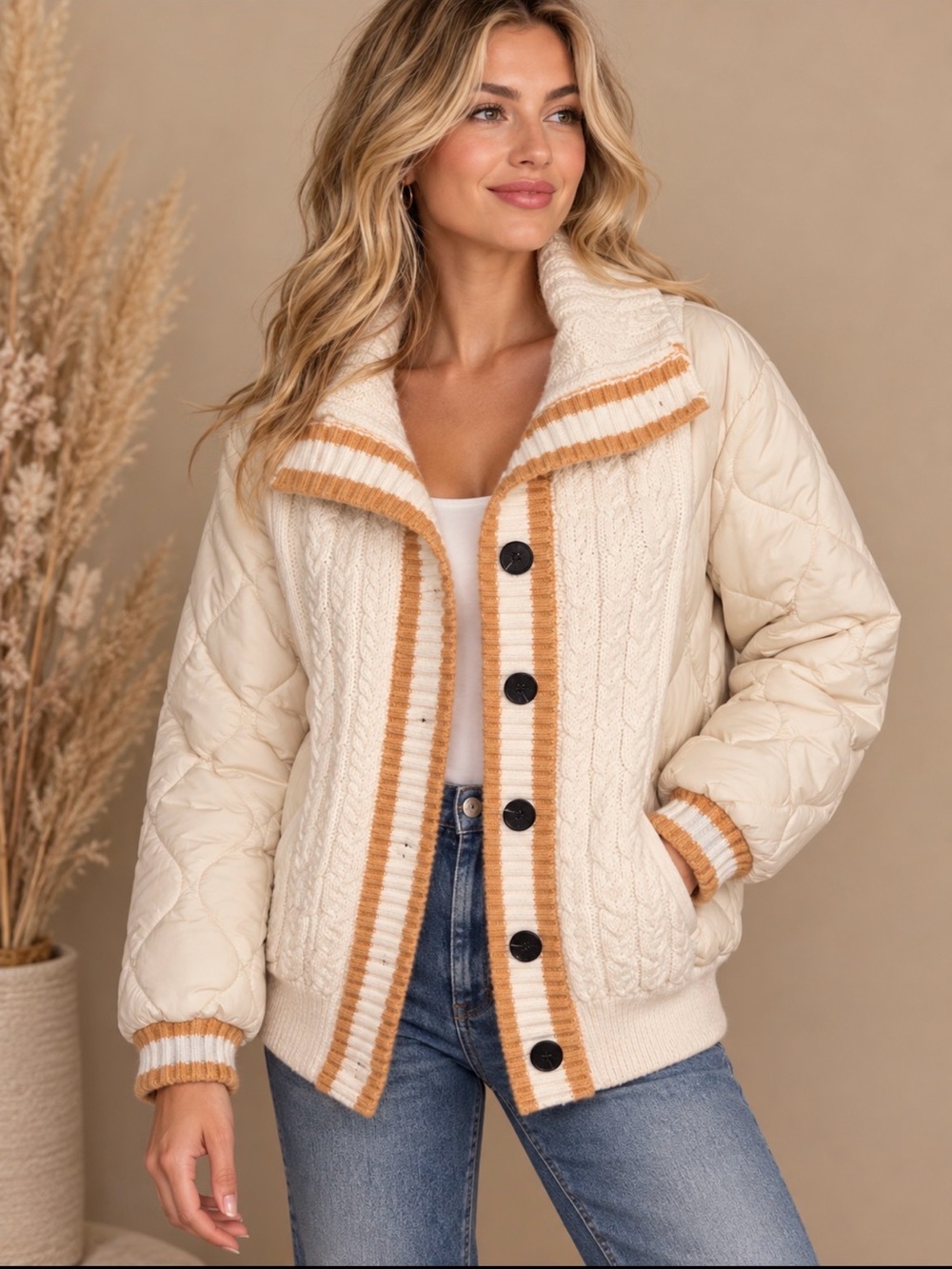 Avec Les Filles Cream Quilted & Cable-Knit Jacket with Tan Trim